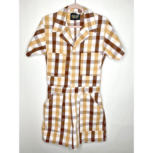 Big Bud Press Pants - Big Bud Press Romper Jumpsuit Tan Brown Gingham Short Sleeve Unisex Size Medium